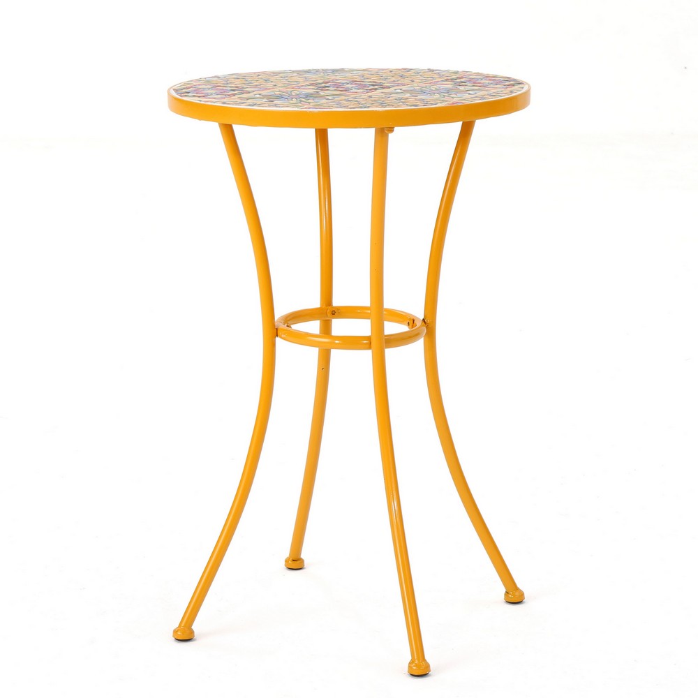 Outdoor Side Table, 14'' Round Yellow Ceramic, Orange Iron