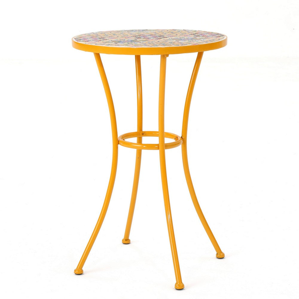 Outdoor Side End Table 14 Inch Round Yellow Ceramic Tile Orange Iron BM323858