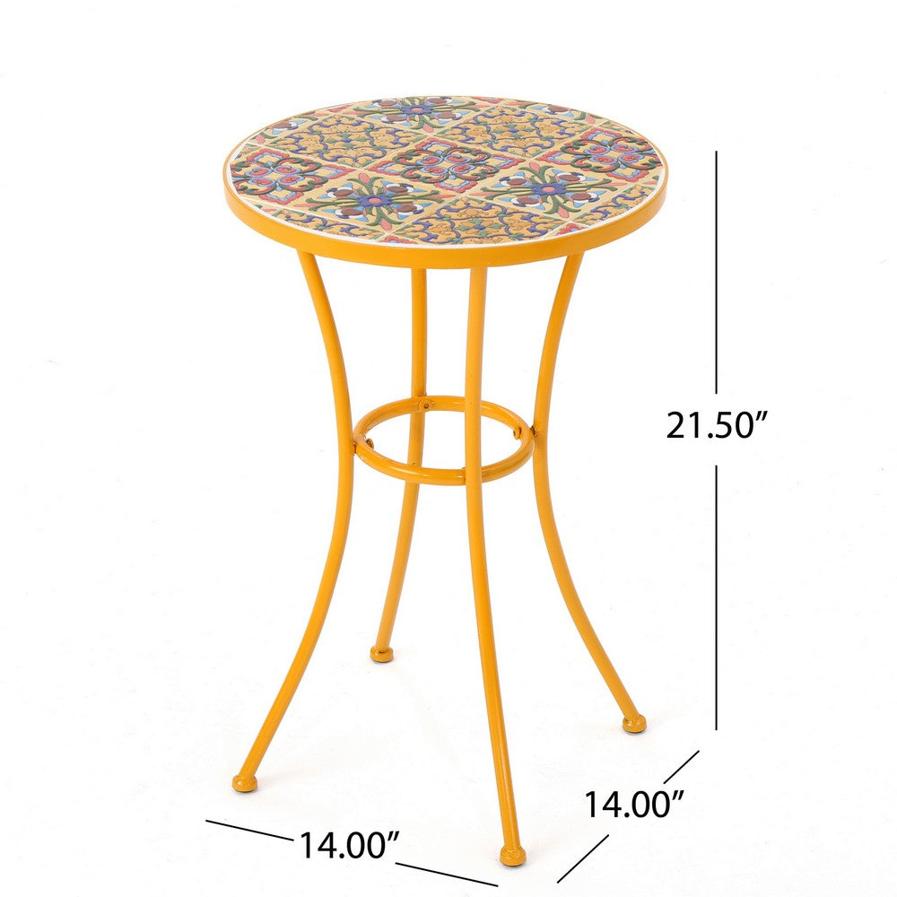Outdoor Side Table, 14'' Round Yellow Ceramic, Orange Iron