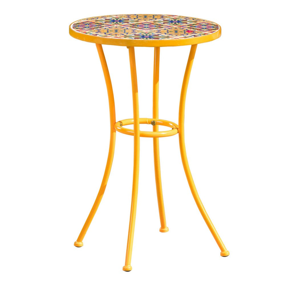 Outdoor Side Table, 14'' Round Yellow Ceramic, Orange Iron