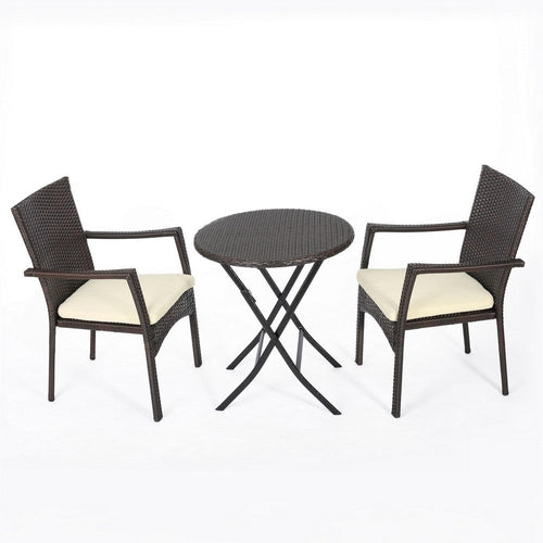 Elie Outdoor Bistro Table Set with 2 Chairs, Brown PE Rattan Wicker