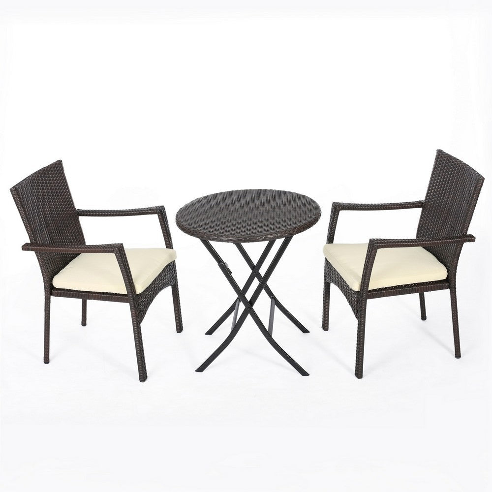 Elie Outdoor Bistro Table Set with 2 Chairs, Brown PE Rattan Wicker