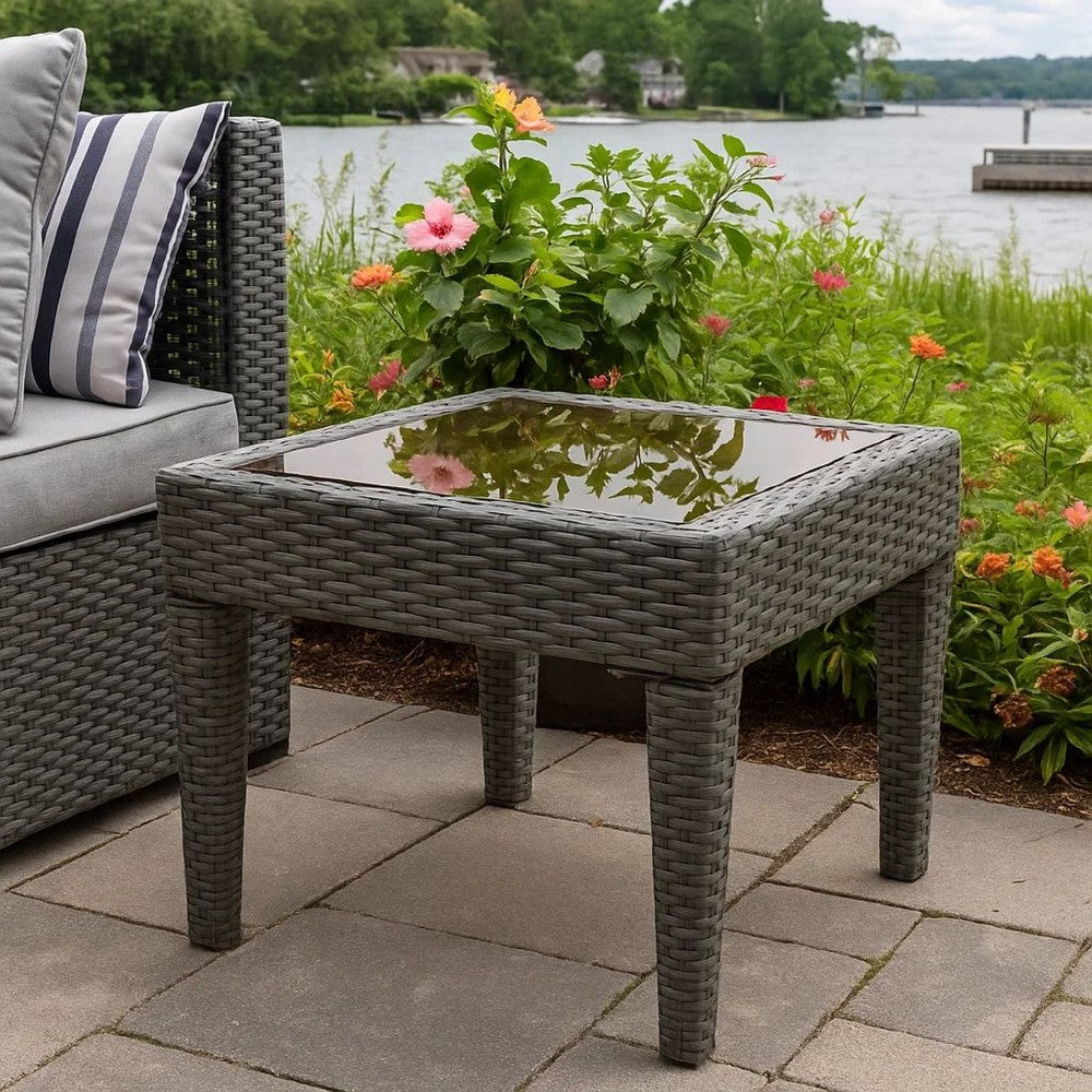 Annie Outdoor Square Accent Table, Tempered Glass, 20 Inch Gray Wicker