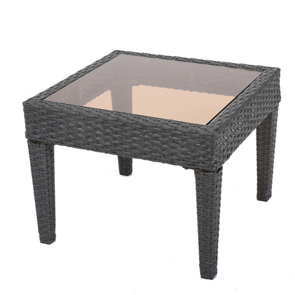 Annie Outdoor Square Accent Table, Tempered Glass, 20 Inch Gray Wicker
