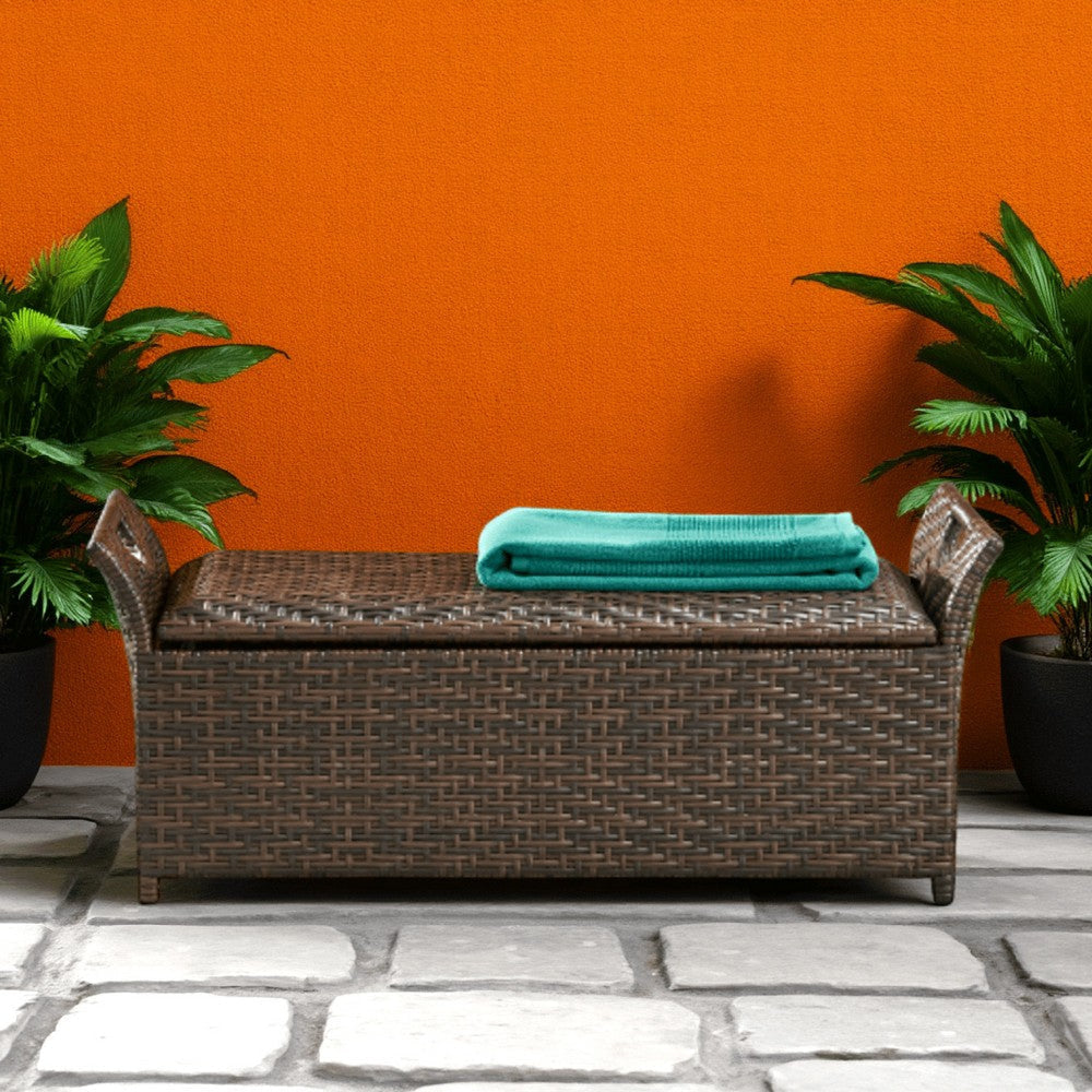 Outdoor Bench with Hinged Lid Storage, 42 Inch Dark Brown PE Rattan