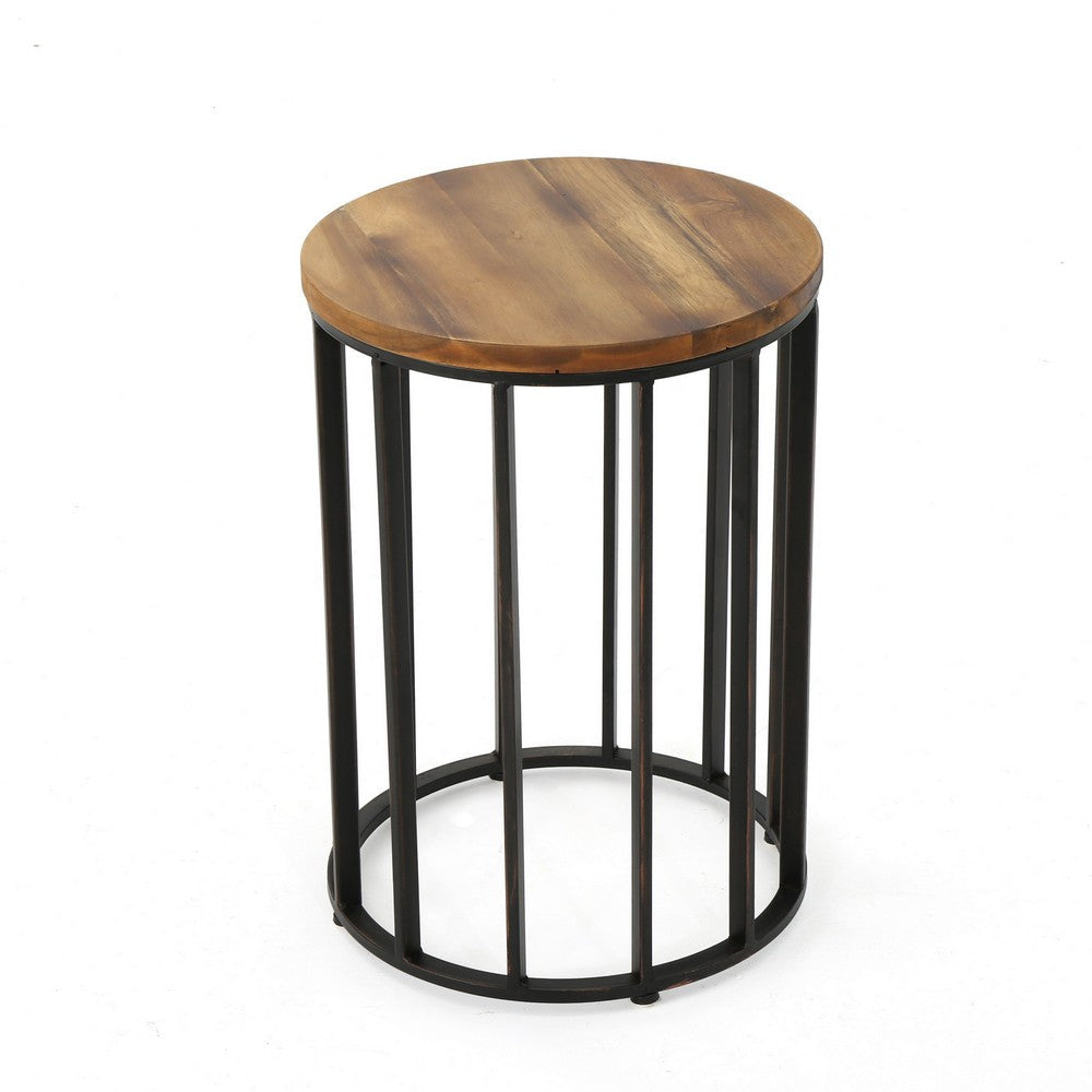 Outdoor Side End Table 15 Inch Round Brown Wood Top Black Iron Frame BM323867