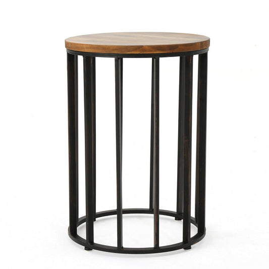 Outdoor Side End Table, 15 Inch Round Brown Wood Top, Black Iron Frame