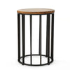 Outdoor Side End Table, 15 Inch Round Brown Wood Top, Black Iron Frame