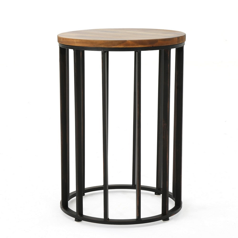 Outdoor Side End Table, 15 Inch Round Brown Wood Top, Black Iron Frame
