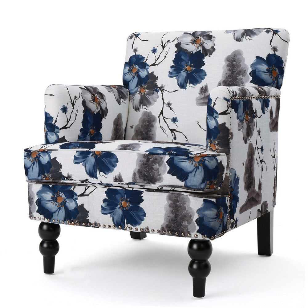 Lit Accent Chair, Button Tufted Floral White Blue Print, Multicolor