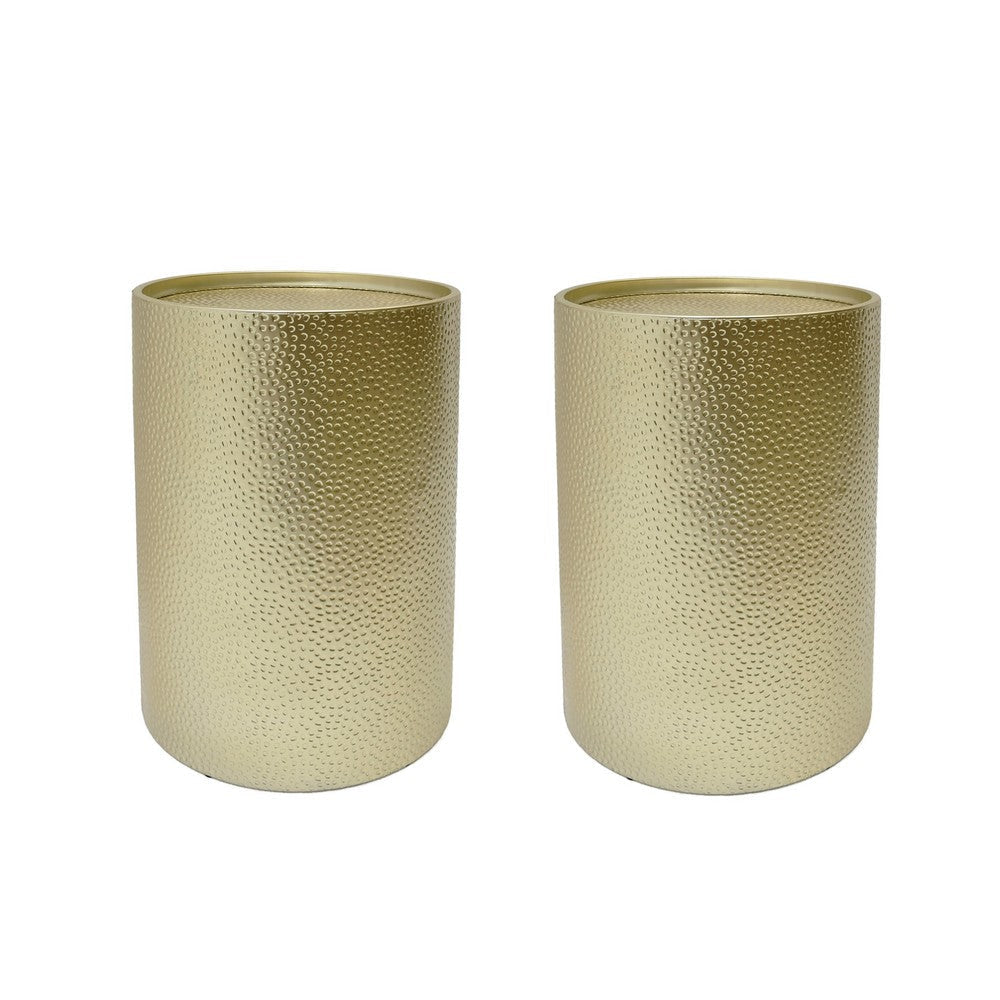 Bet Side End Table Set of 2, 16 Inch Round Tray, Modern Hammered Gold