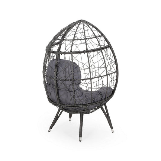 Fam Outdoor Accent Chair, Cocoon Egg Shaped, Abstract Gray PE Rattan