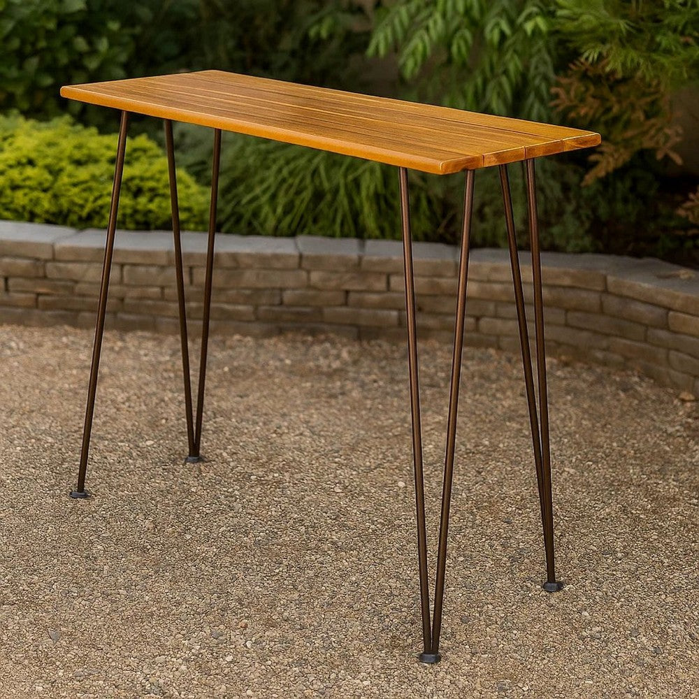 Rih Outdoor Bar Height Table, 47 Inch, Hairpin Legs, Brown Acacia Wood
