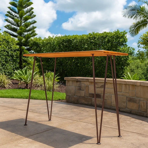 Rih Outdoor Bar Height Table, 47 Inch, Hairpin Legs, Brown Acacia Wood