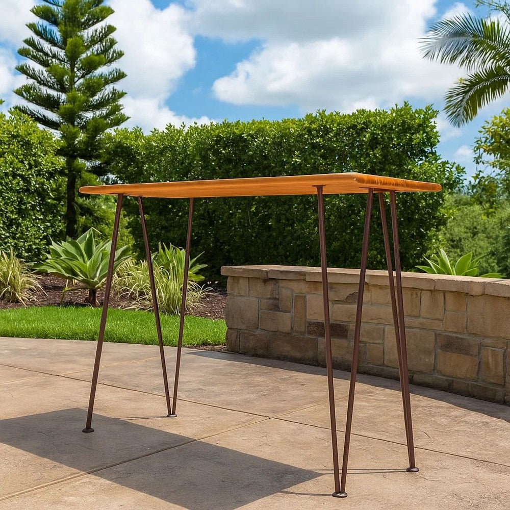 Rih Outdoor Bar Height Table, 47 Inch, Hairpin Legs, Brown Acacia Wood
