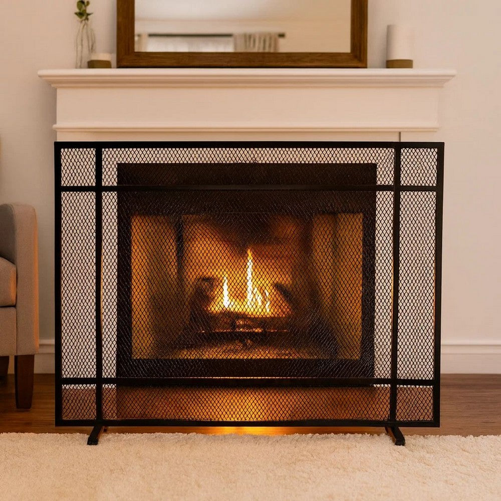 Hype Fireplace Screen with Mesh, Single Panel, Black and Silver