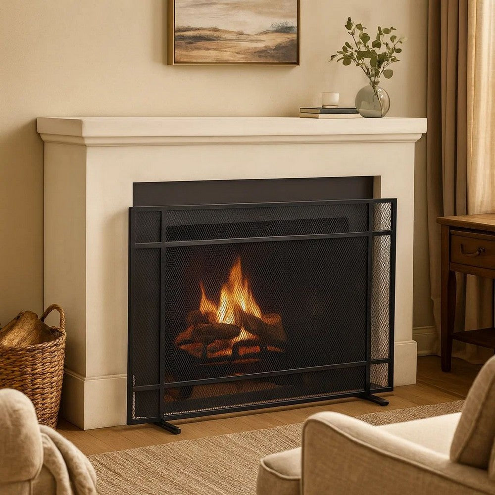 Hype Fireplace Screen with Mesh, Single Panel, Black and Silver