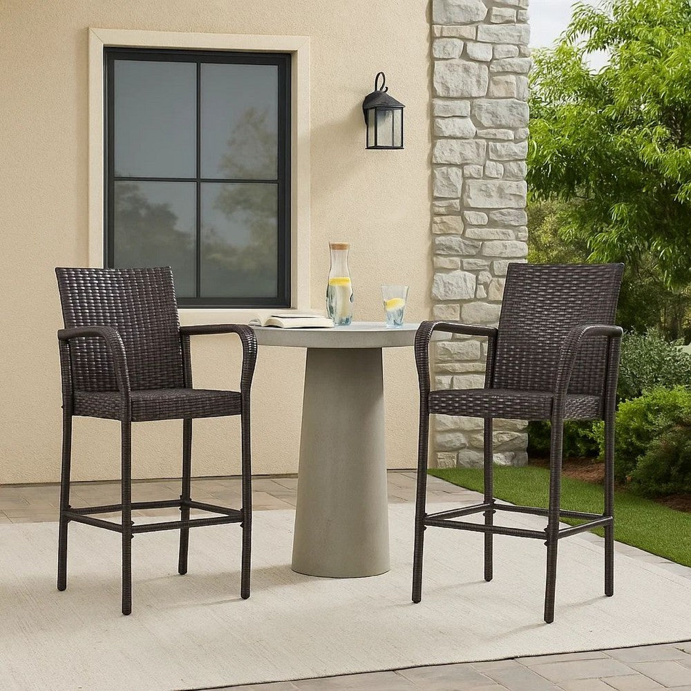 Outdoor Barstool Chair Set of 2, Gray PE Rattan Woven, Iron Frame