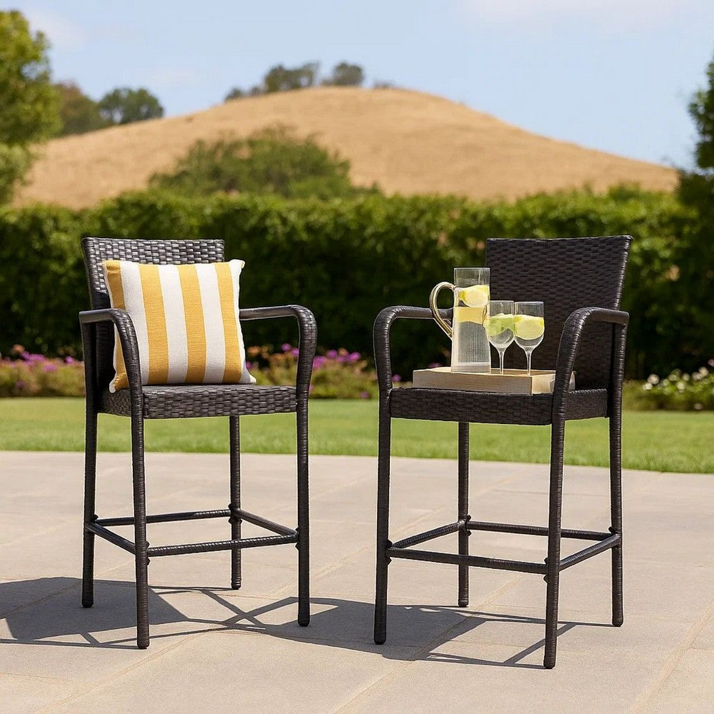 Outdoor Barstool Chair Set of 2, Gray PE Rattan Woven, Iron Frame