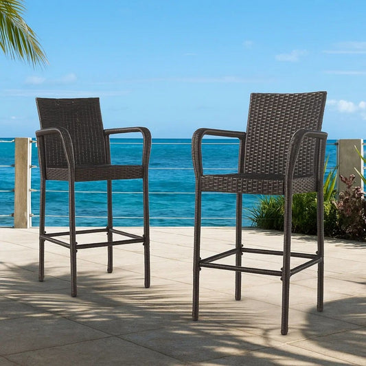 Outdoor Barstool Chair Set of 2, Gray PE Rattan Woven, Iron Frame