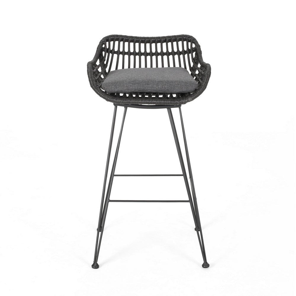 Outdoor Barstool Chair Set of 2 Low Back Woven Design Gray and Black BM323887