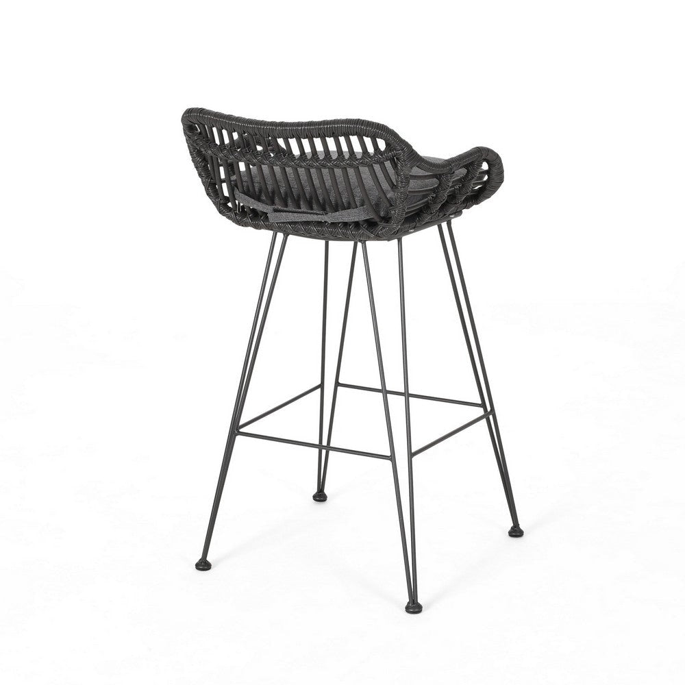 Outdoor Barstool Chair Set of 2 Low Back Woven Design Gray and Black BM323887