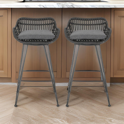 Outdoor Barstool Chair Set of 2, Low Back Woven Design, Gray and Black