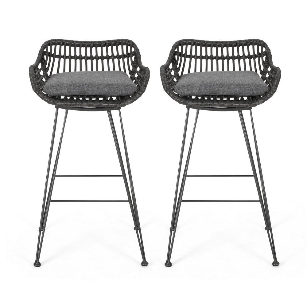 Outdoor Barstool Chair Set of 2, Low Back Woven Design, Gray and Black