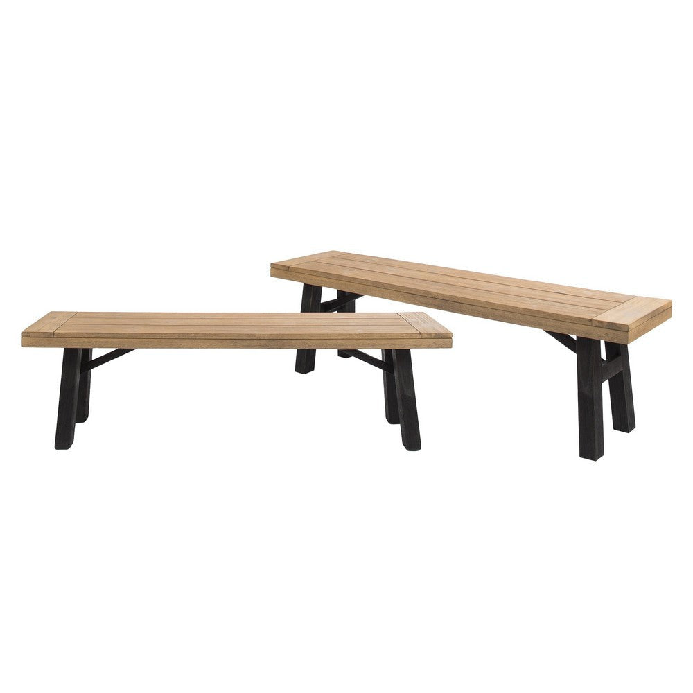 Wren Outdoor Bench Set of 2, Slat Panel, 63 Inch Brown Acacia Wood