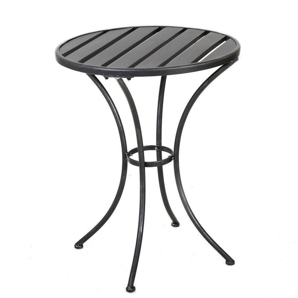 Rune Outdoor Bistro Set, 2 Chairs, Round Slatted Table, Black Iron