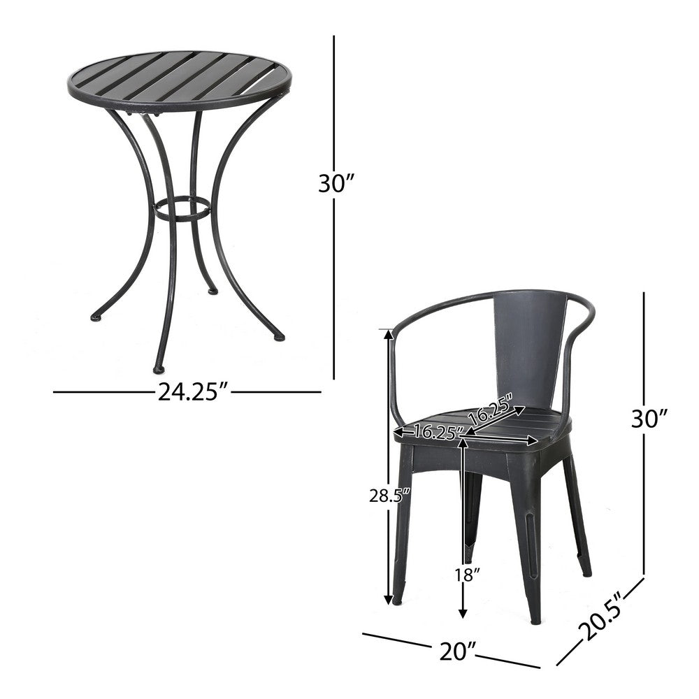Rune Outdoor Bistro Set, 2 Chairs, Round Slatted Table, Black Iron