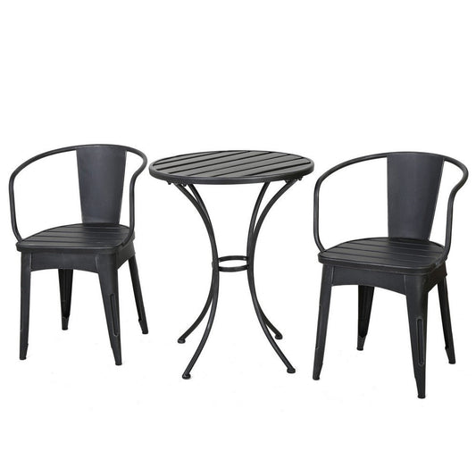 Rune Outdoor Bistro Set, 2 Chairs, Round Slatted Table, Black Iron