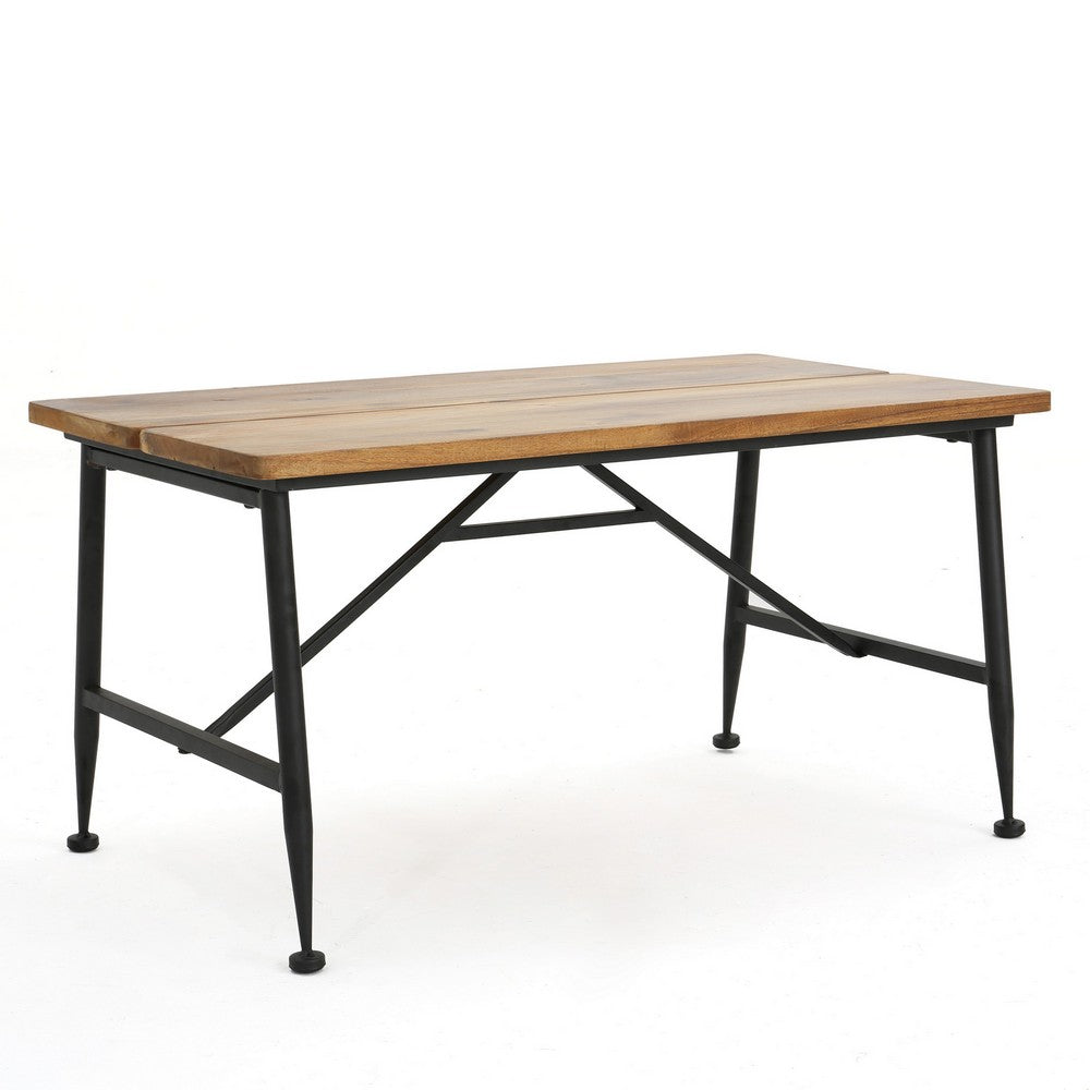 Cala Outdoor Coffee Table, 36 Inch Brown Acacia Wood, Black Metal