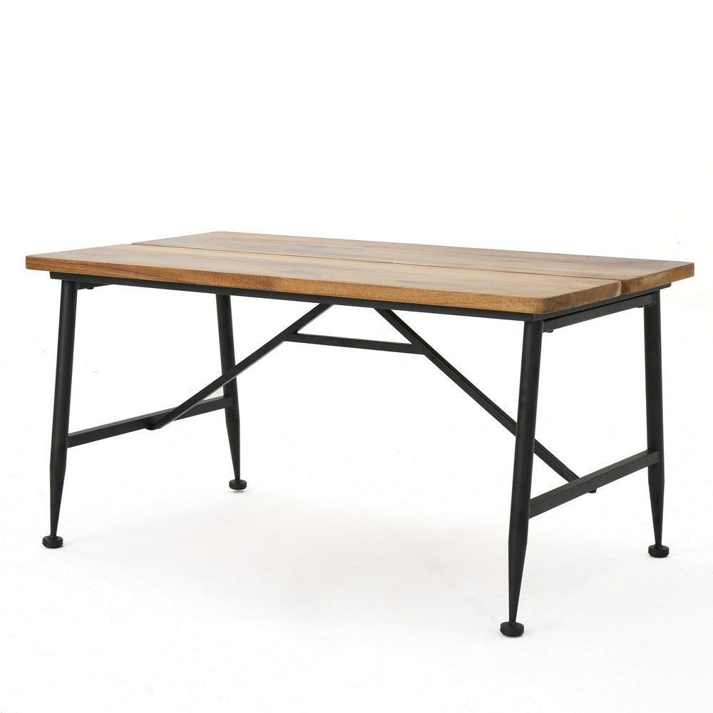 Cala Outdoor Coffee Table, 36 Inch Brown Acacia Wood, Black Metal