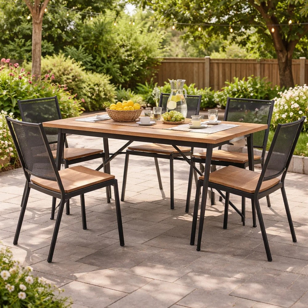 Cala Outdoor Coffee Table, 36 Inch Brown Acacia Wood, Black Metal