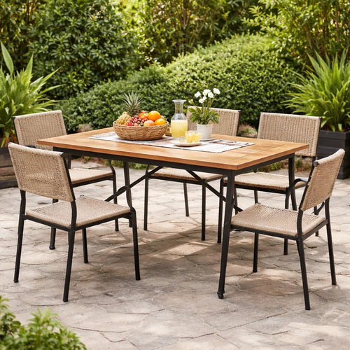 Cala Outdoor Coffee Table, 36 Inch Brown Acacia Wood, Black Metal