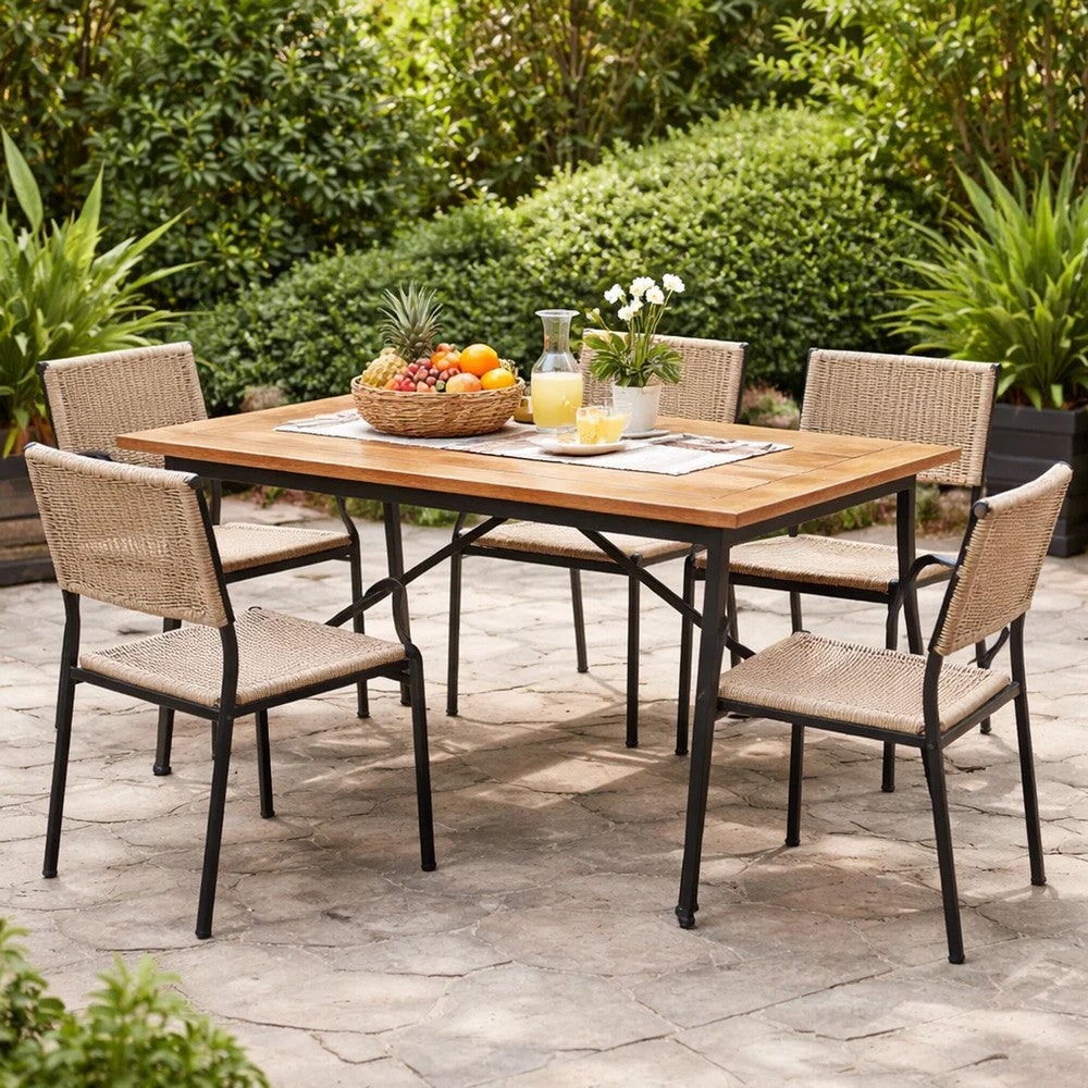 Cala Outdoor Coffee Table, 36 Inch Brown Acacia Wood, Black Metal