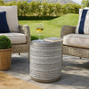 Outdoor End Table, 16 Inch Round Gray Faux Concrete w White Pattern