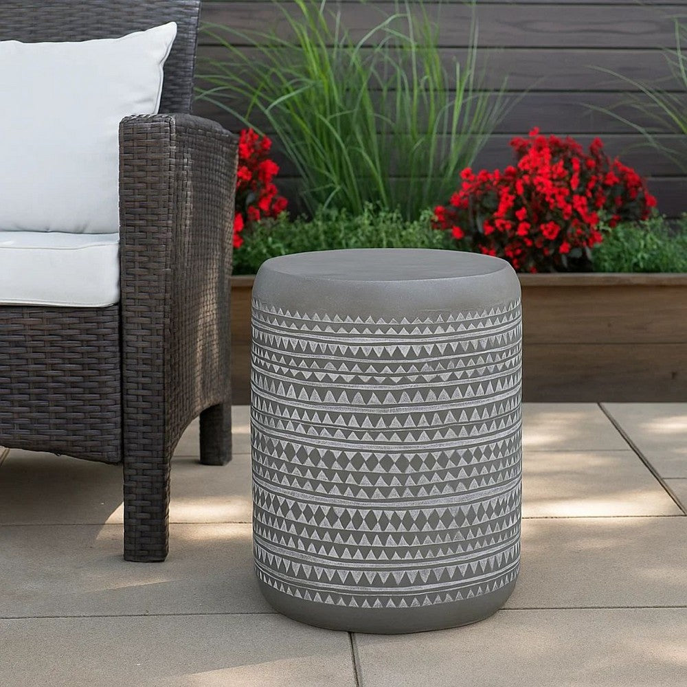 Outdoor End Table, 16 Inch Round Gray Faux Concrete w White Pattern