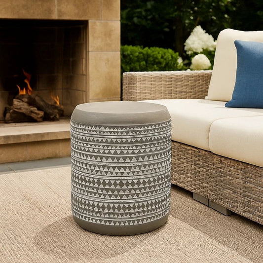 Outdoor End Table, 16 Inch Round Gray Faux Concrete w White Pattern