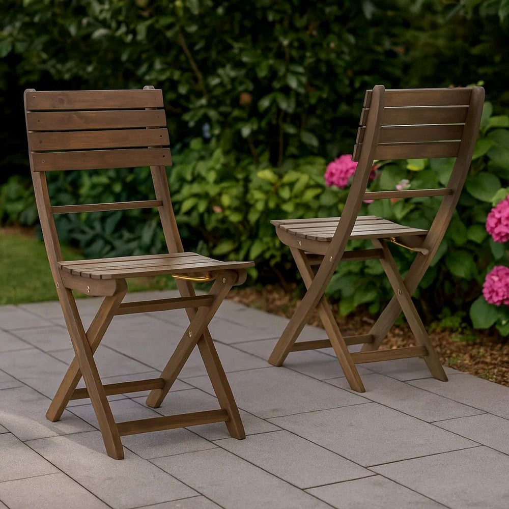 Cami Outdoor Foldable Bistro Chair, Slat Back, Cross Gray Acacia Wood