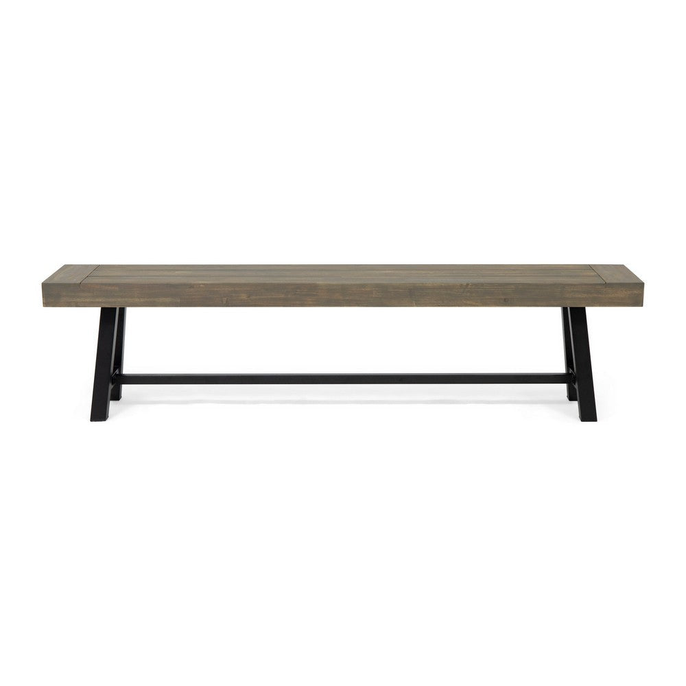 Leslee Outdoor Dining Bench 74 Inch Black Trestle Legs Gray Wood BM323900