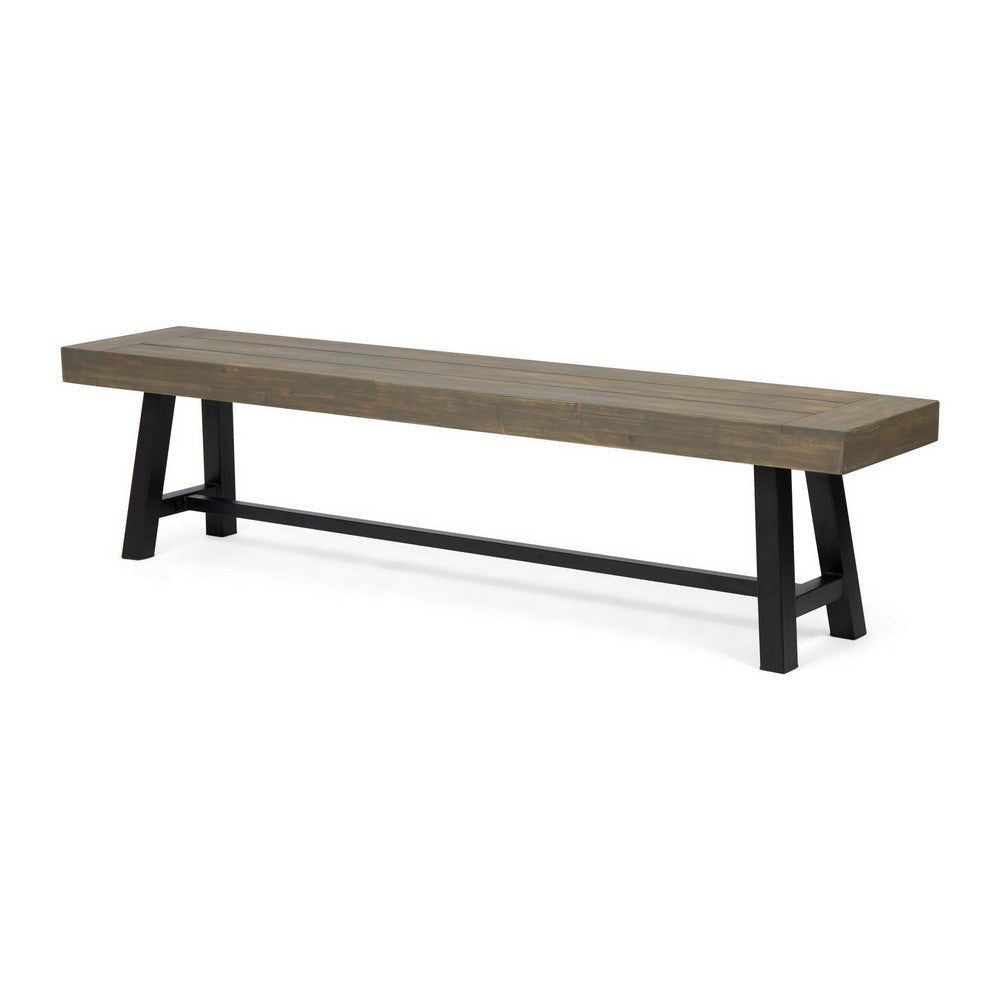 Leslee Outdoor Dining Bench, 74 Inch, Black Trestle Legs, Gray Wood