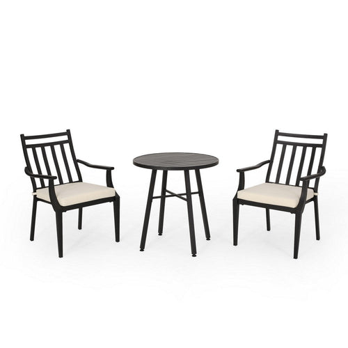 Outdoor Bistro Table Set with 2 Chairs, Slatted, Black Iron, Beige