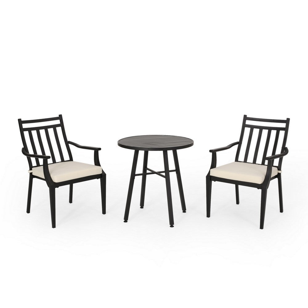 Outdoor Bistro Table Set with 2 Chairs, Slatted, Black Iron, Beige