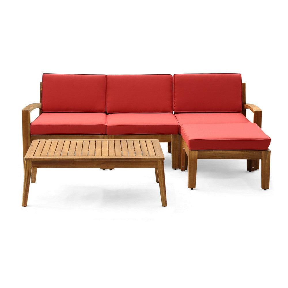 Outdoor L-Sectional Sofa with Coffee Table Ottoman Acacia Wood Red BM323903