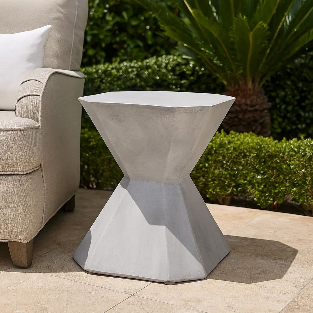 Outdoor End Table, Modern Hourglass Shape, 17 Inch, Natural Concrete