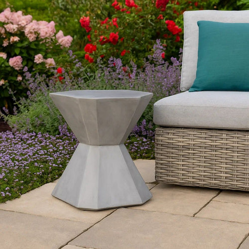 Outdoor End Table, Modern Hourglass Shape, 17 Inch, Natural Concrete
