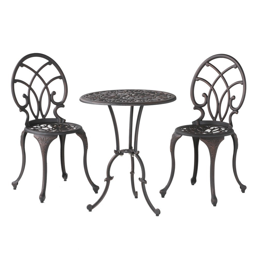 Charlie 3 pcs Bistro Set w Umbrella Hole, Cast Aluminum in Copper