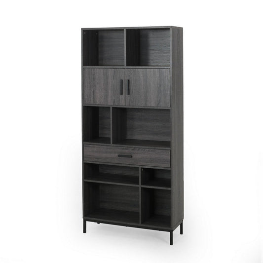 Eby Cube Bookcase, 6 Storage Spaces, Drawer, Cabinet 67 Inch Dark Gray
